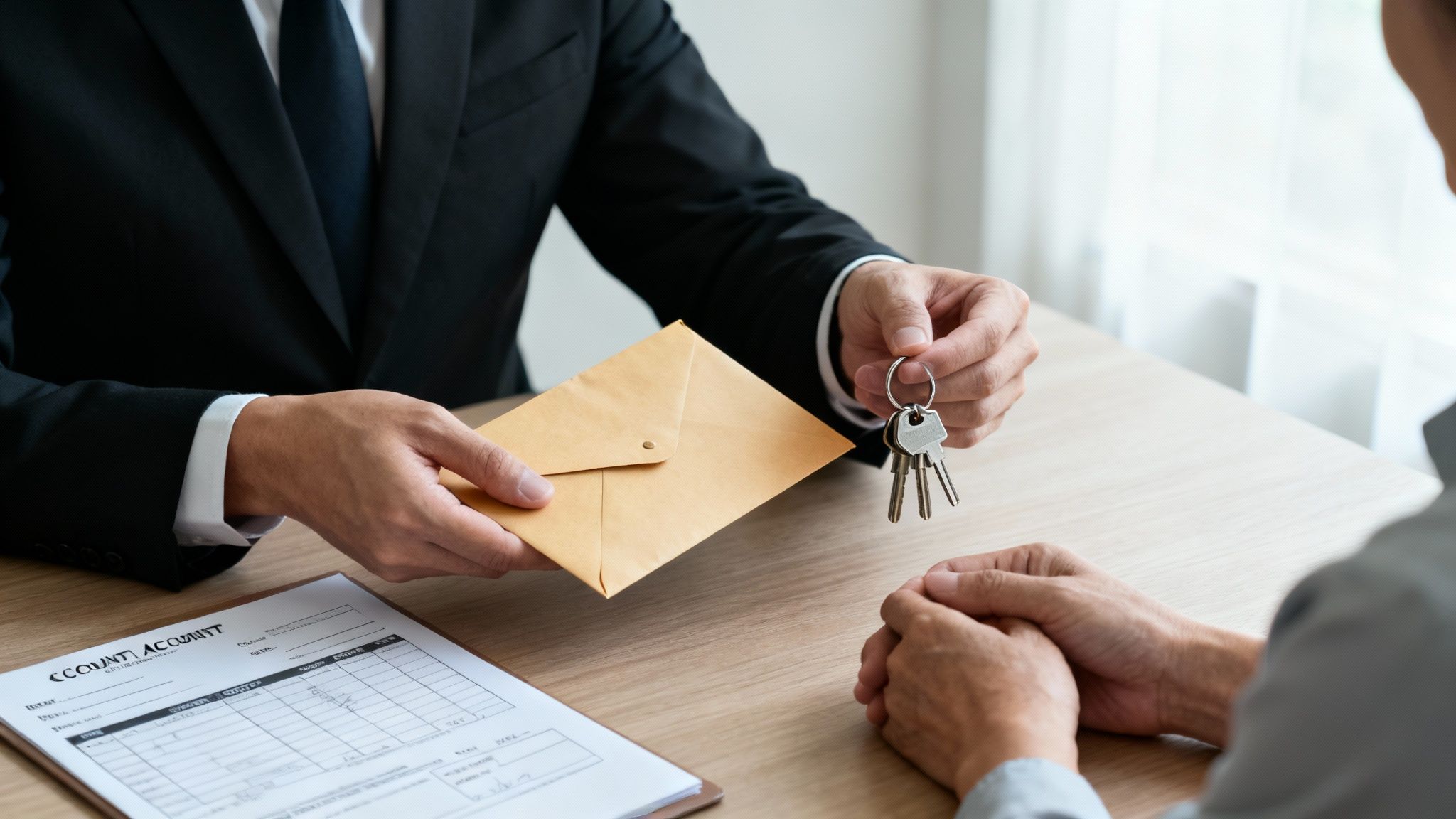 A man in a suit hands keys and an envelope to another person over a desk with documents.