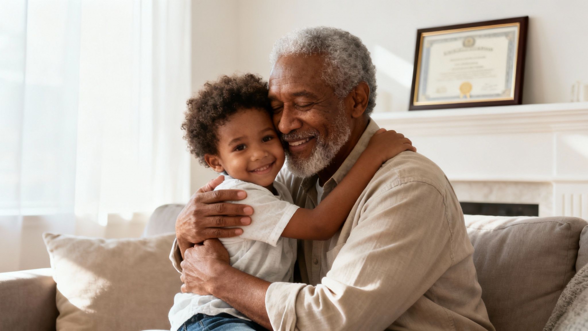 A smiling older Black man with grey hair hugs a happy young Black boy on a couch.