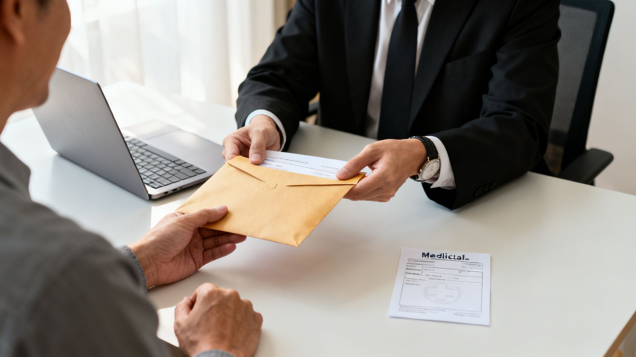 A man in a suit hands a document inside an envelope to another person across a desk with a laptop.