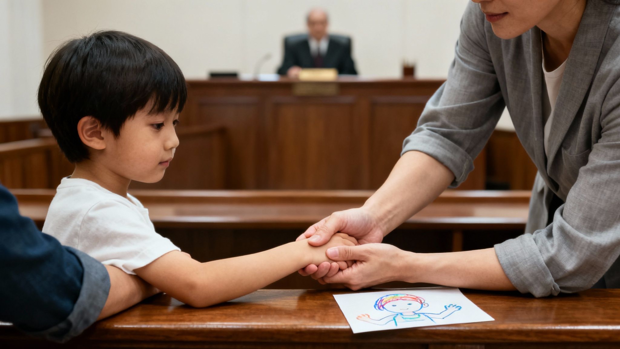 Child holding hands with an adult in a courtroom, with a drawing on the table, symbolizing emotional support and custody considerations in Texas family law.