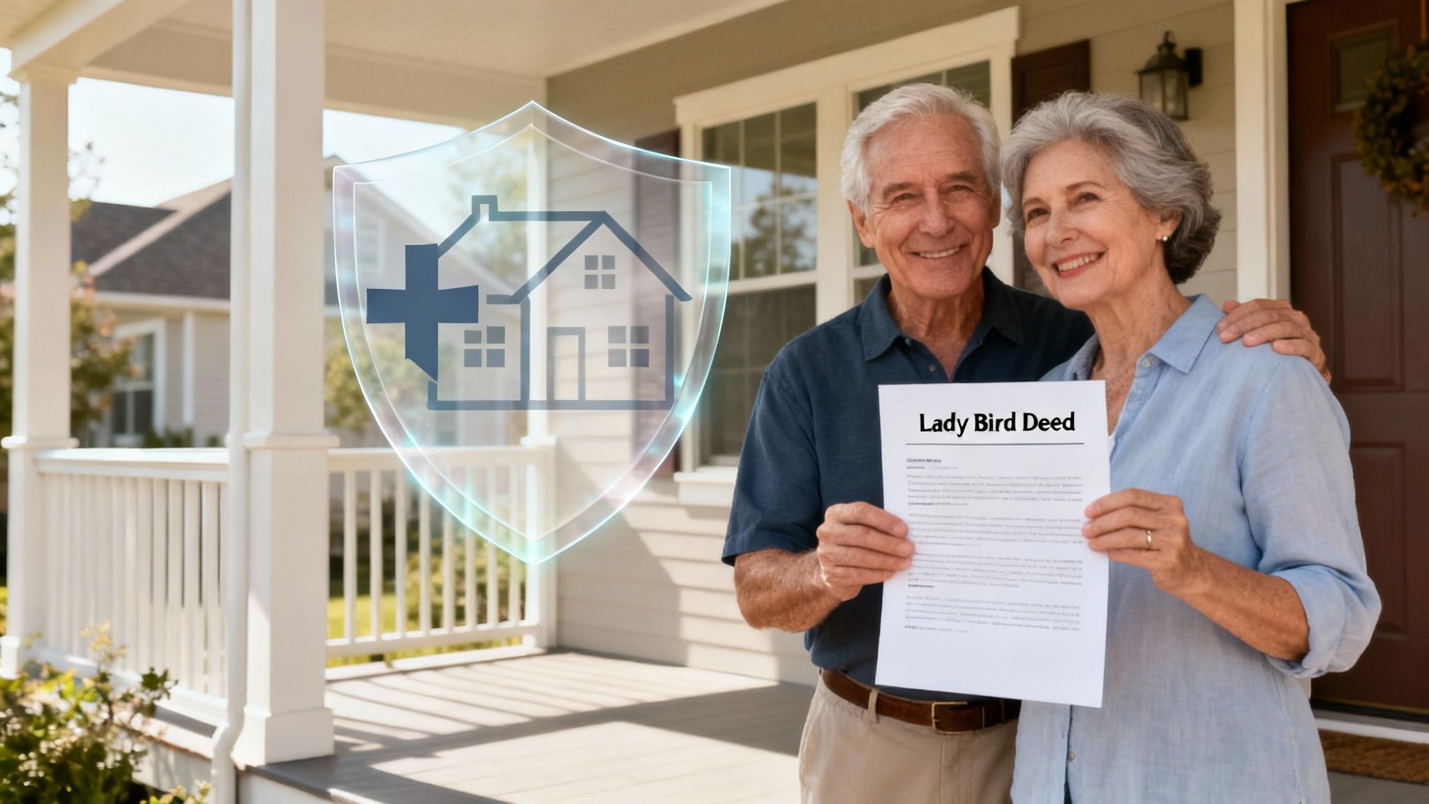 Smiling elderly couple on porch holding a Lady Bird Deed, with a digital shield protecting their home.