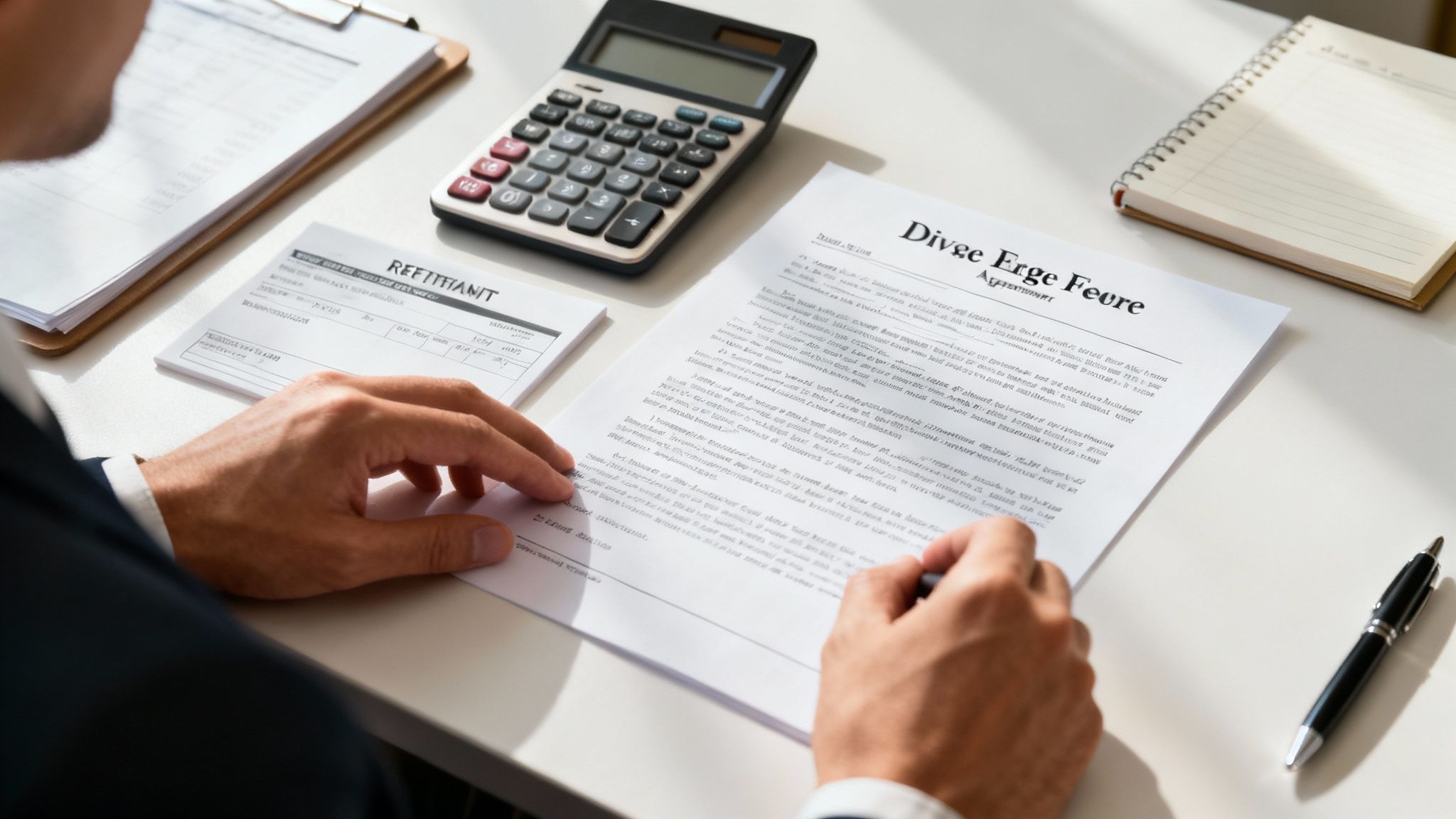 A person reviewing a detailed invoice with a calculator and pen, symbolizing the importance of understanding legal fees in a divorce.