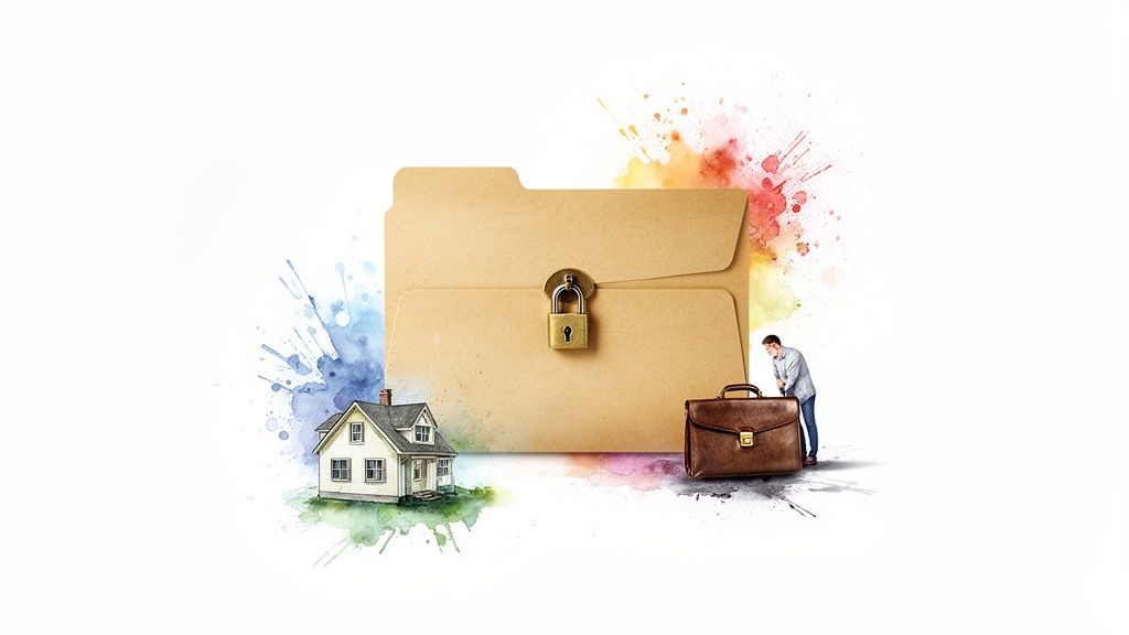 Folder with lock symbolizing legal record sealing, house and briefcase representing personal and professional implications of deferred adjudication in Texas.