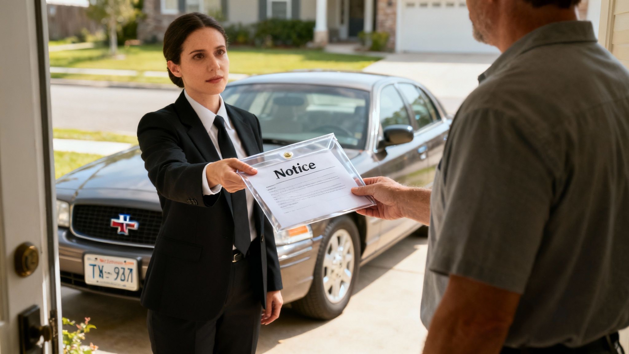 Woman in a suit serving legal notice to a man at his doorstep, emphasizing the divorce process in Texas.