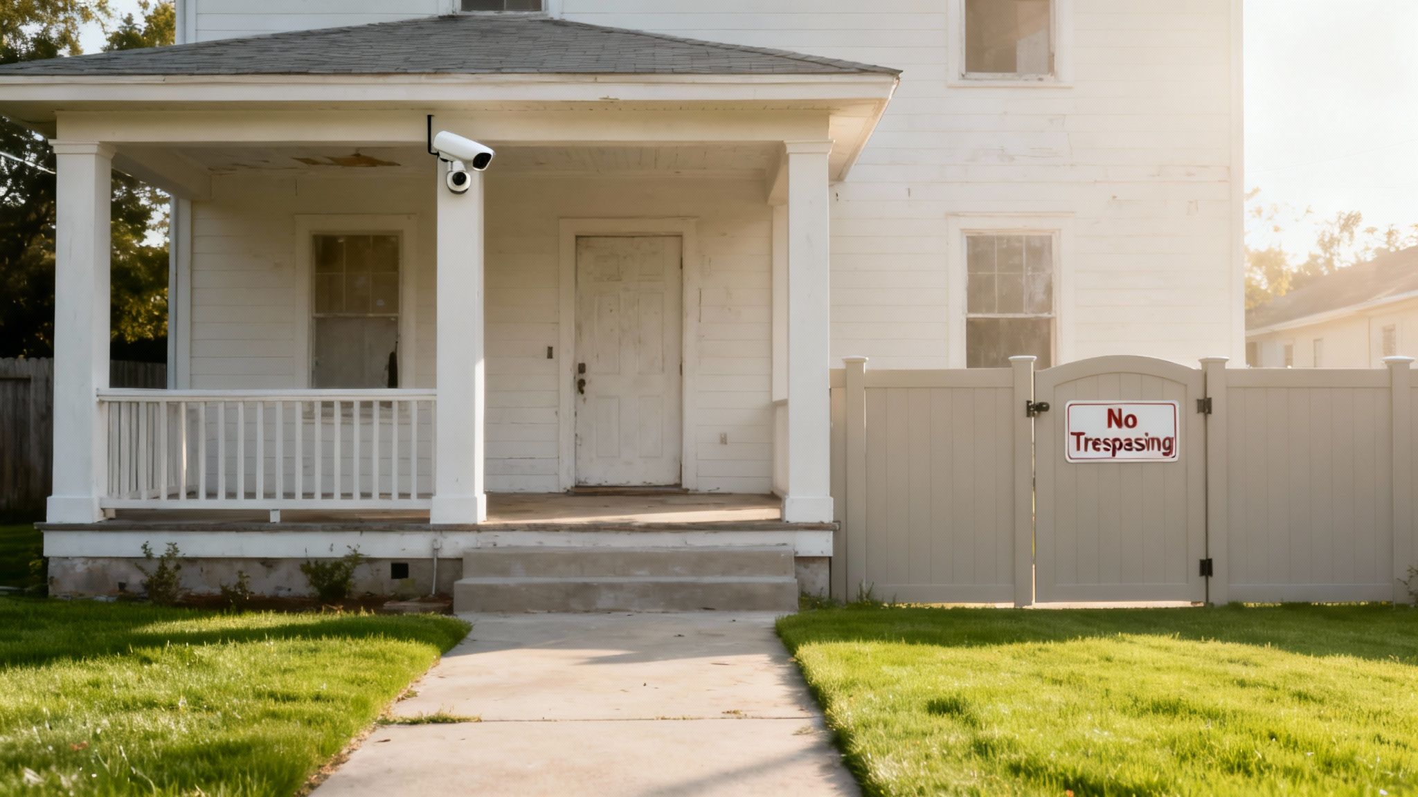 Front porch of a house featuring a security camera and a "No Trespassing" sign on a fence, emphasizing property security and prevention of squatting.