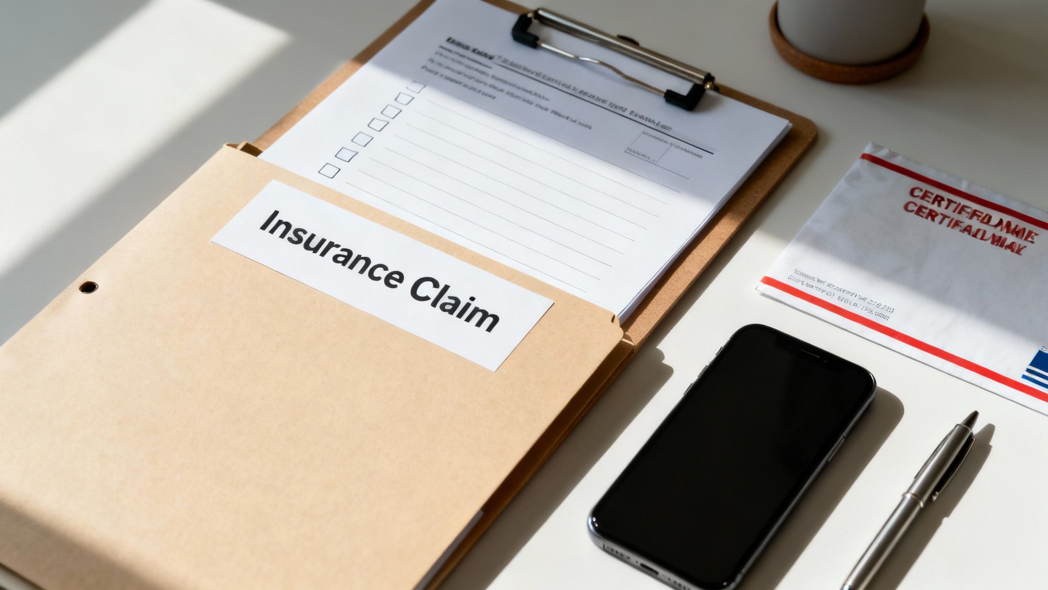 An 'Insurance Claim' folder with forms, a smartphone, pen, and certified mail on a white desk.