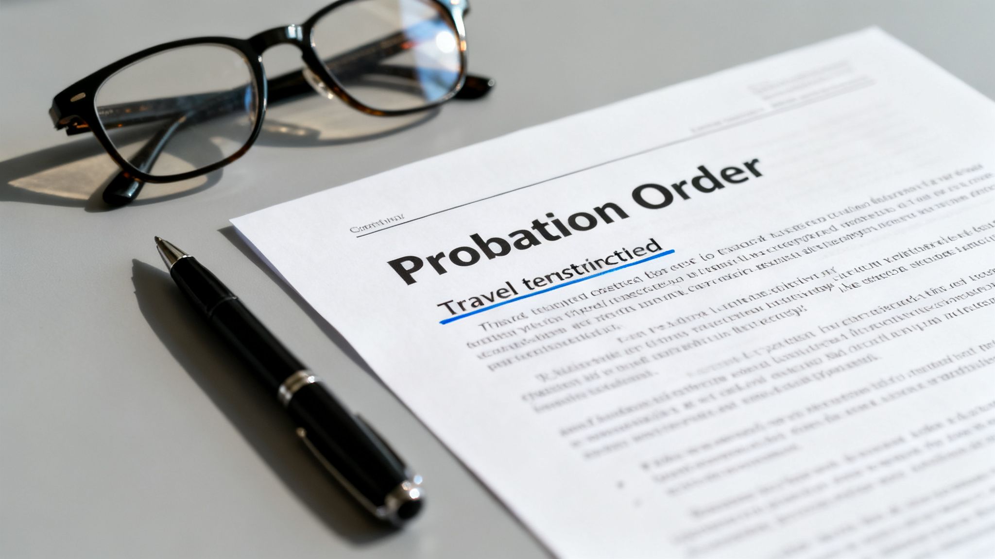 A 'Probation Order' document is visible on a grey desk, with 'Travel restricted' highlighted, alongside glasses and a pen.