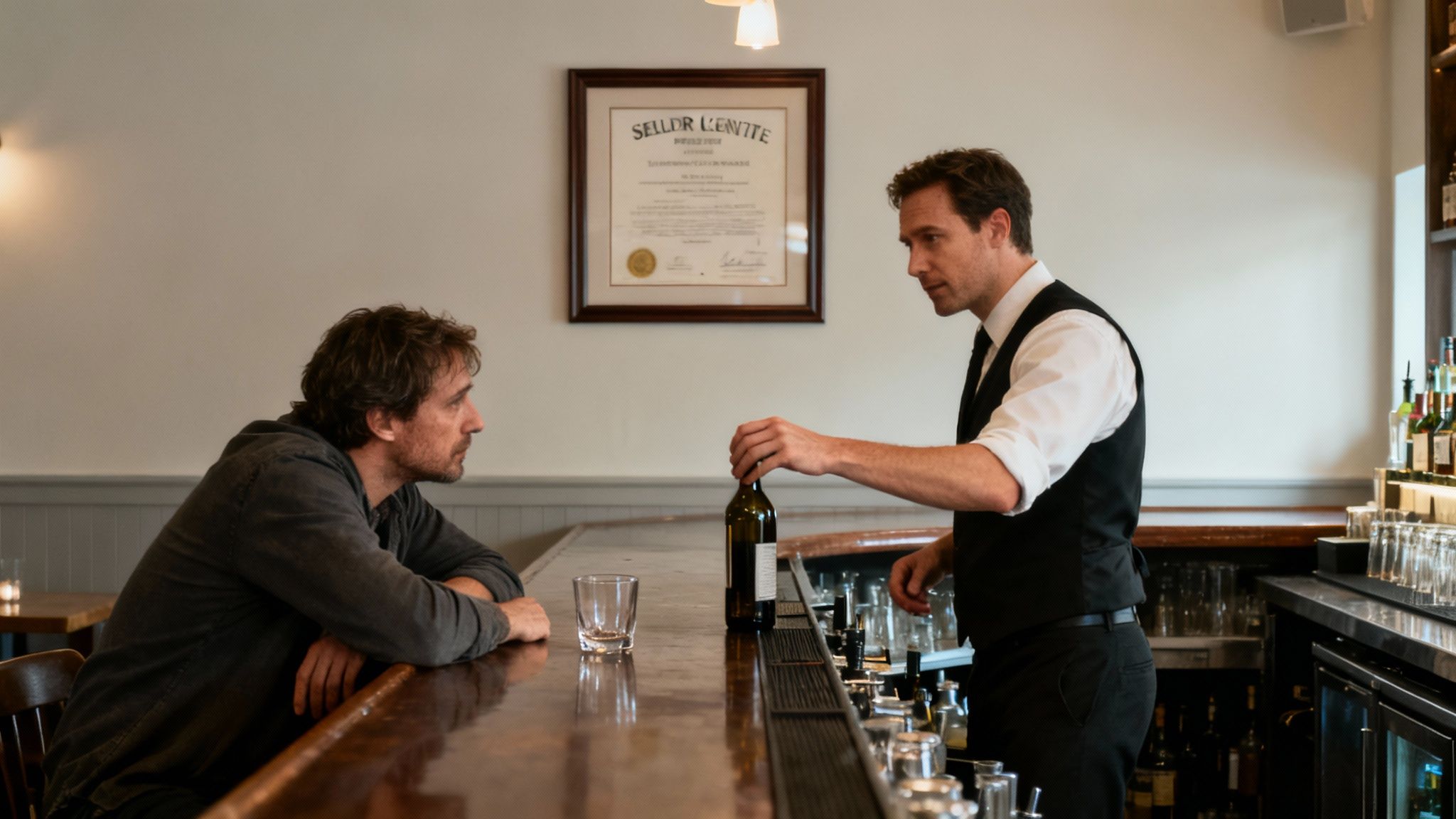 A bartender holds a wine bottle while talking to a customer sitting at a wooden bar.