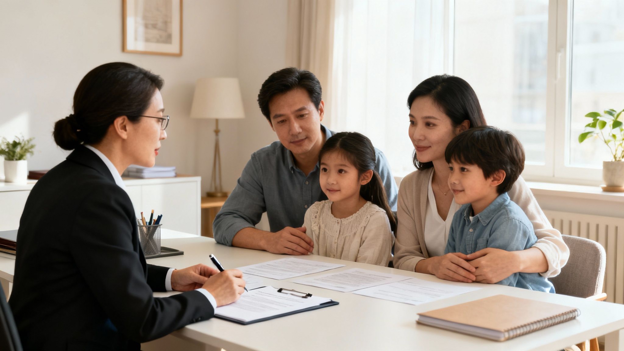 Asian family with two children meeting a female consultant to discuss documents at a table.