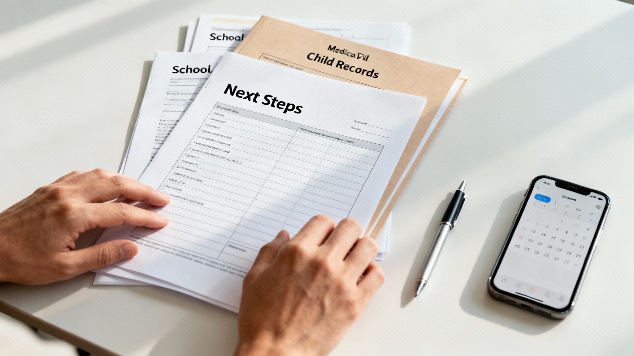 Hands reviewing a 'Next Steps' document alongside 'Child Records' and 'School' papers on a white desk with a phone.