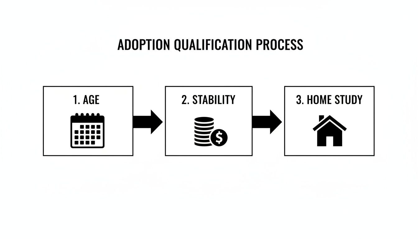 Diagram showing the adoption qualification process with three steps: Age, Stability, and Home Study.