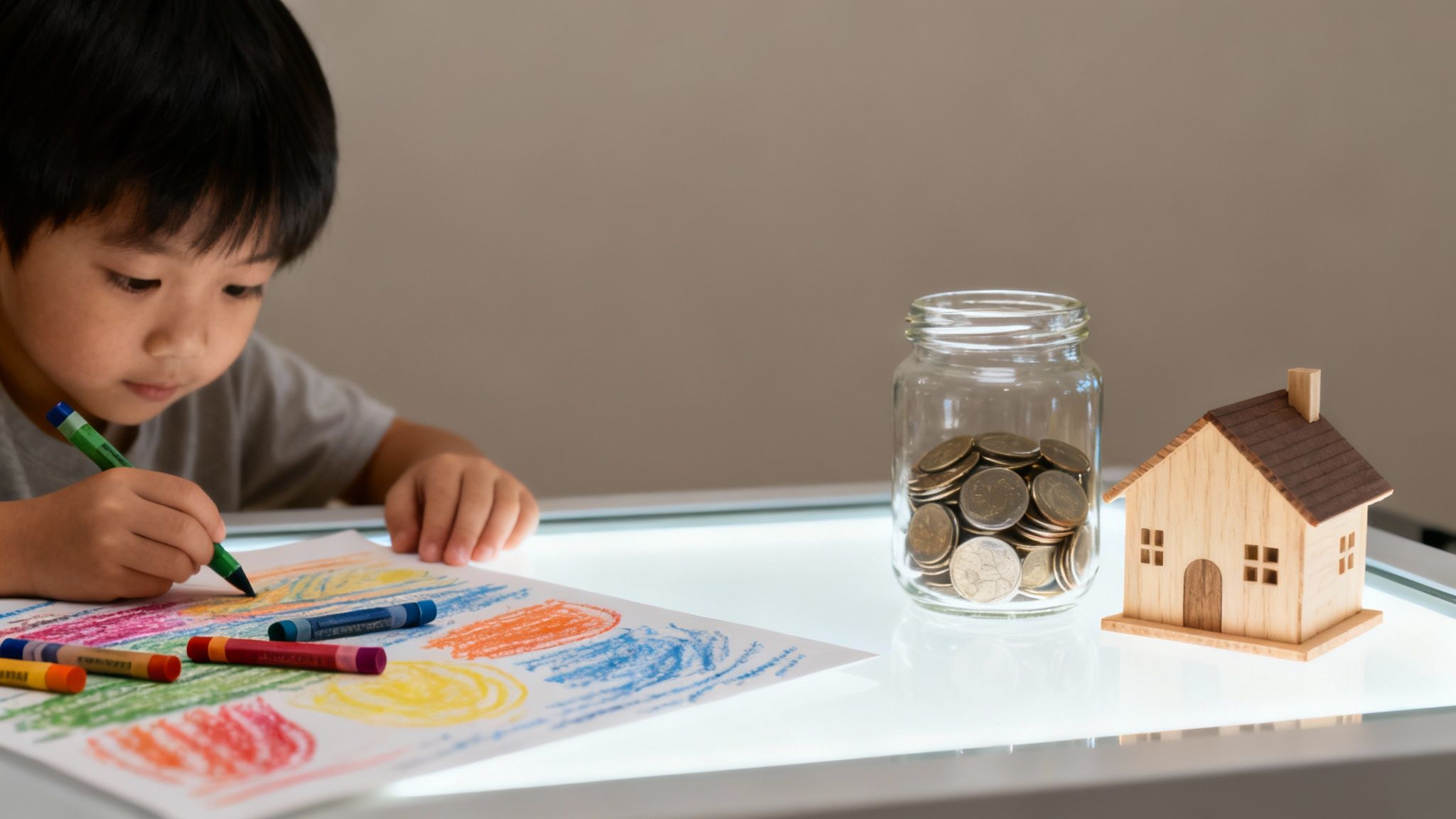 An Asian child drawing with crayons, symbolizing saving money for a future home.