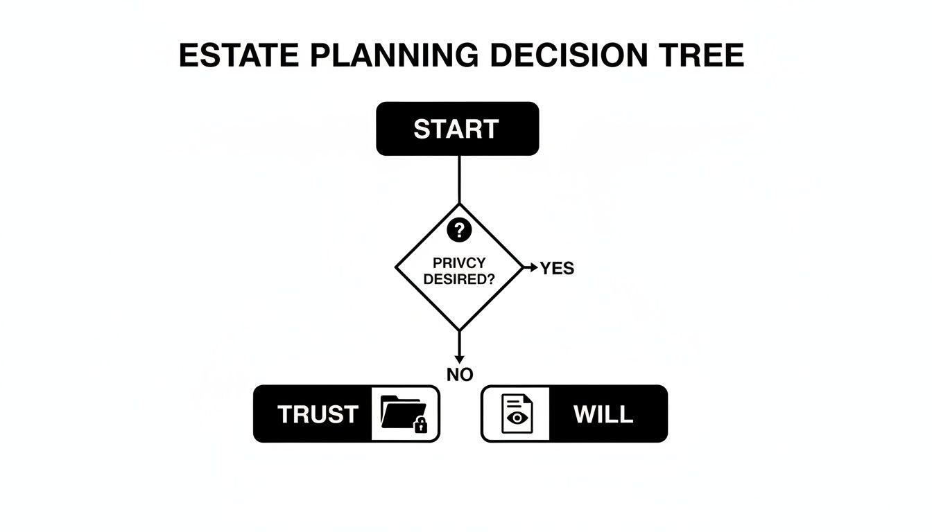 An estate planning decision tree flowchart showing that privacy desired leads to a trust, otherwise a will.