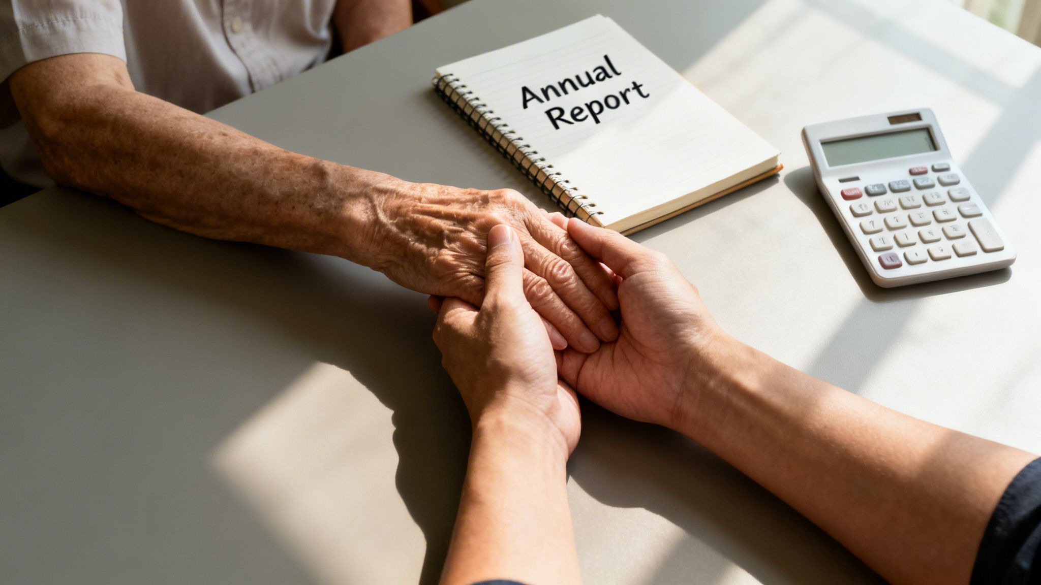 Close-up of intergenerational hands holding on a table with an 'Annual Report' notebook and calculator.