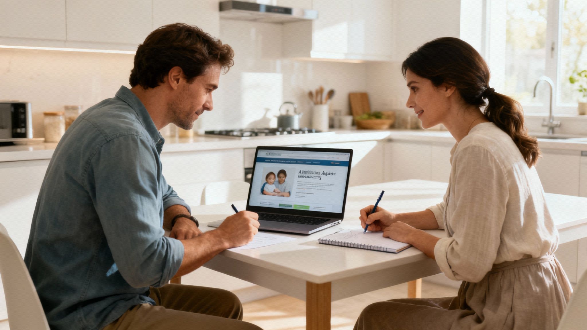 A hopeful couple smiles warmly while reviewing adoption paperwork at a sunlit kitchen table.