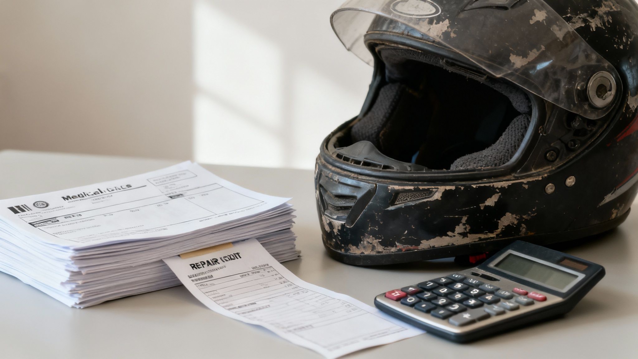 A calculator and pen on a table, symbolizing the process of calculating damages for a motorcycle accident claim.