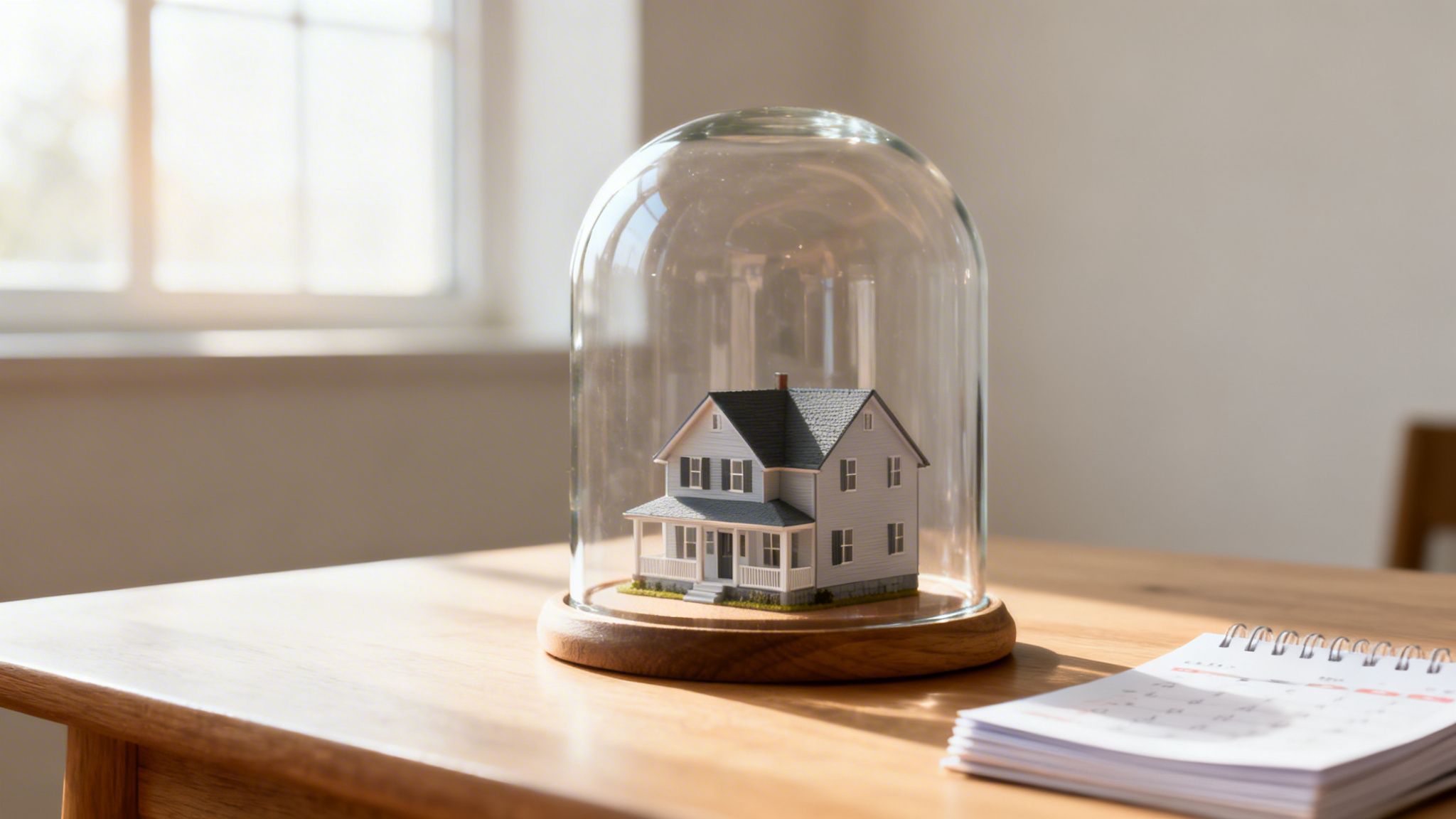 A miniature house is safely enclosed under a glass dome on a wooden table, symbolizing home protection.