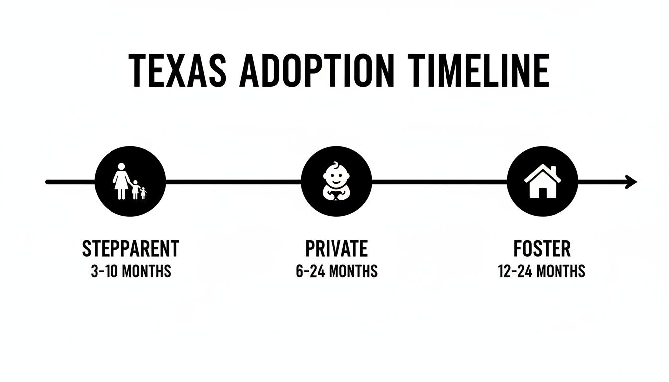 Texas adoption timeline infographic showing average durations for stepparent, private, and foster adoptions.