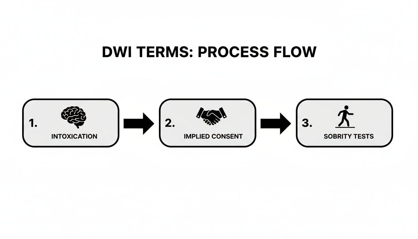 DWI terms process flow chart showing intoxication, implied consent, and sobriety tests in three steps.