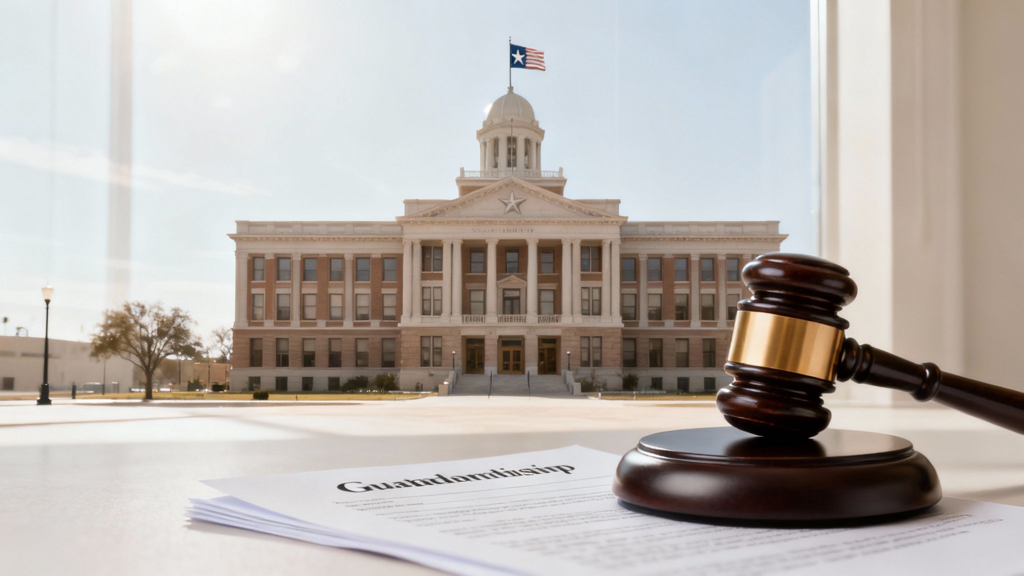 Court building with Texas flag and gavel on guardianship documents, symbolizing legal proceedings for guardianship in Texas.