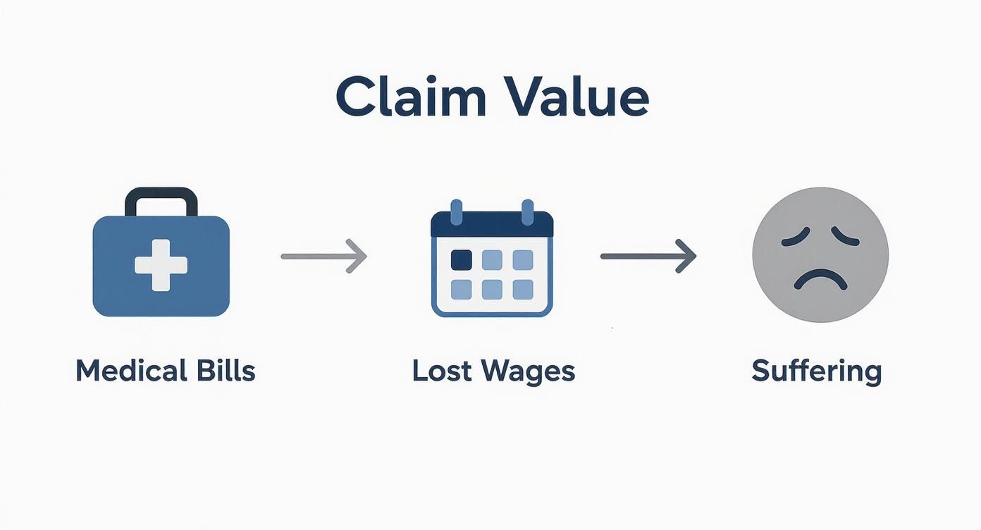 An infographic illustrating 'Claim Value' calculation, showing medical bills, lost wages, and suffering as key components.