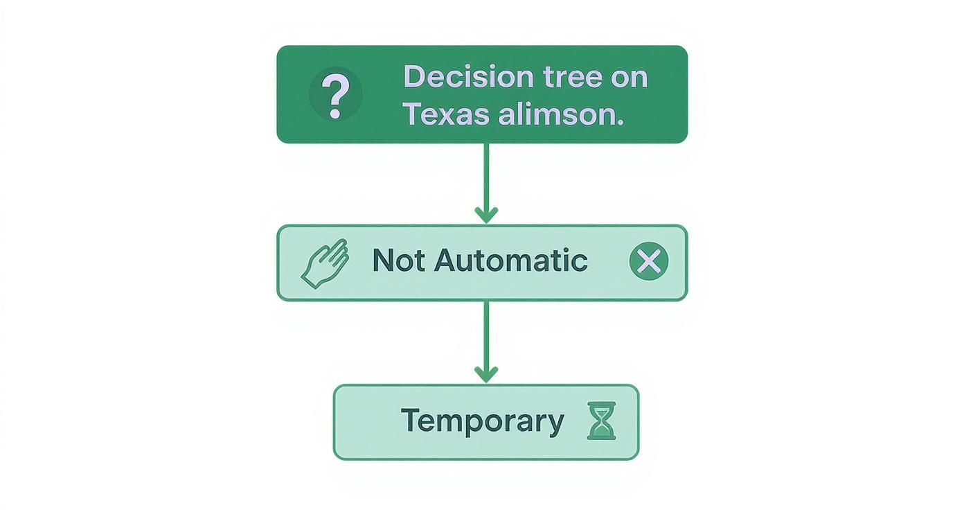 Decision tree flowchart showing Texas alimony is not automatic and temporary with hourglass icon