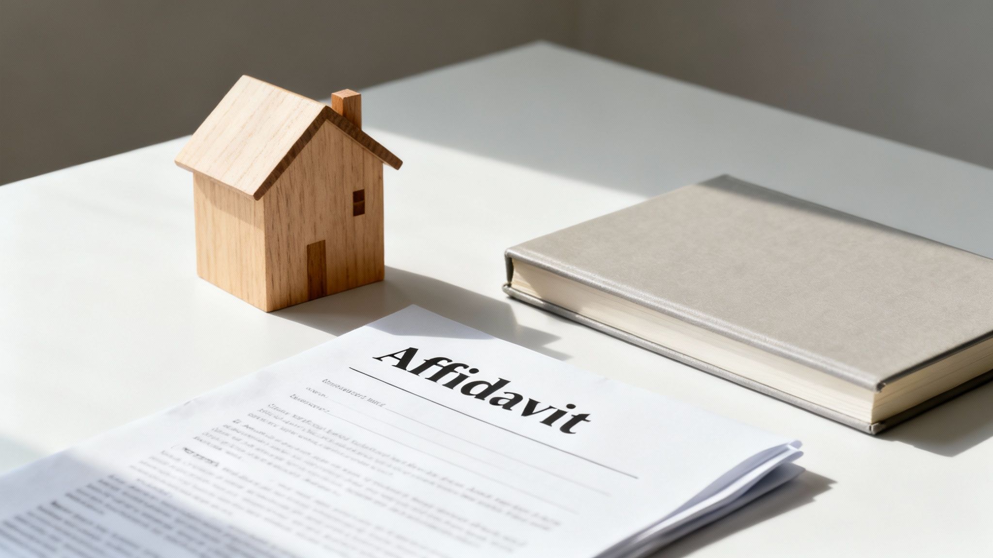 A wooden house model, an Affidavit document, and a grey book on a white table, symbolizing property law.