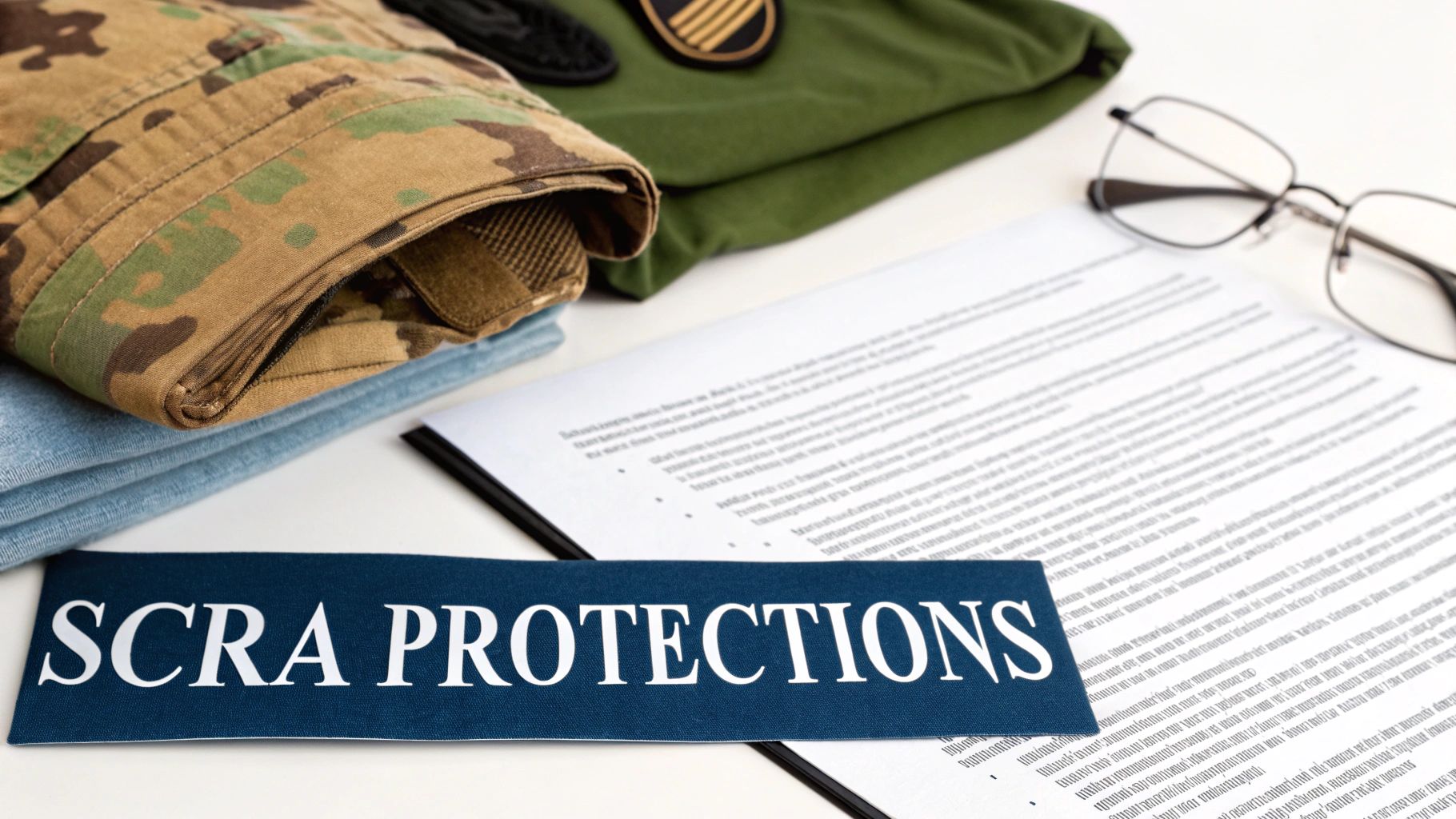 A military uniform, eyeglasses, and documents, with a banner reading 'SCRA PROTECTIONS' on a table.