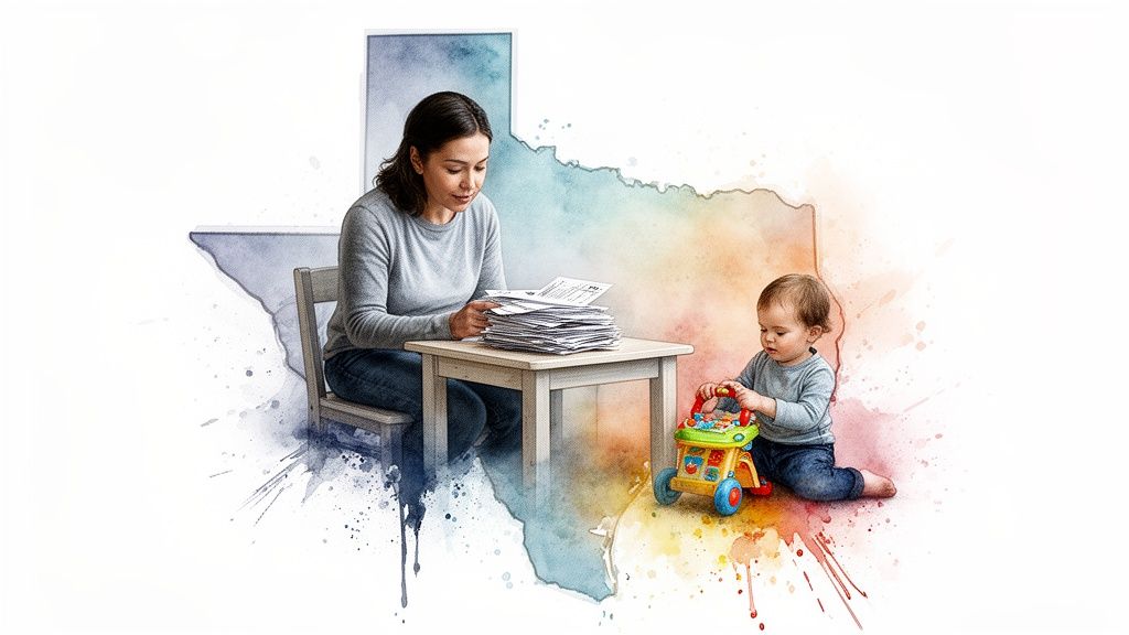 Woman reviewing parenting paperwork at a table with a child playing nearby, Texas outline in the background, symbolizing retroactive child support for families.
