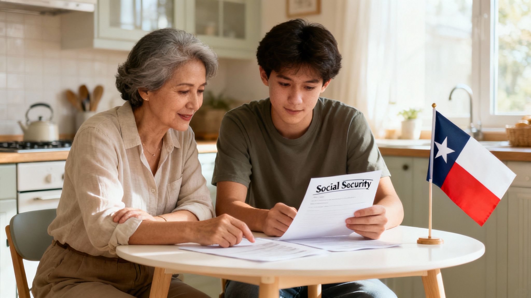 An older woman and younger man review Social Security documents at a kitchen table with a Texas flag.