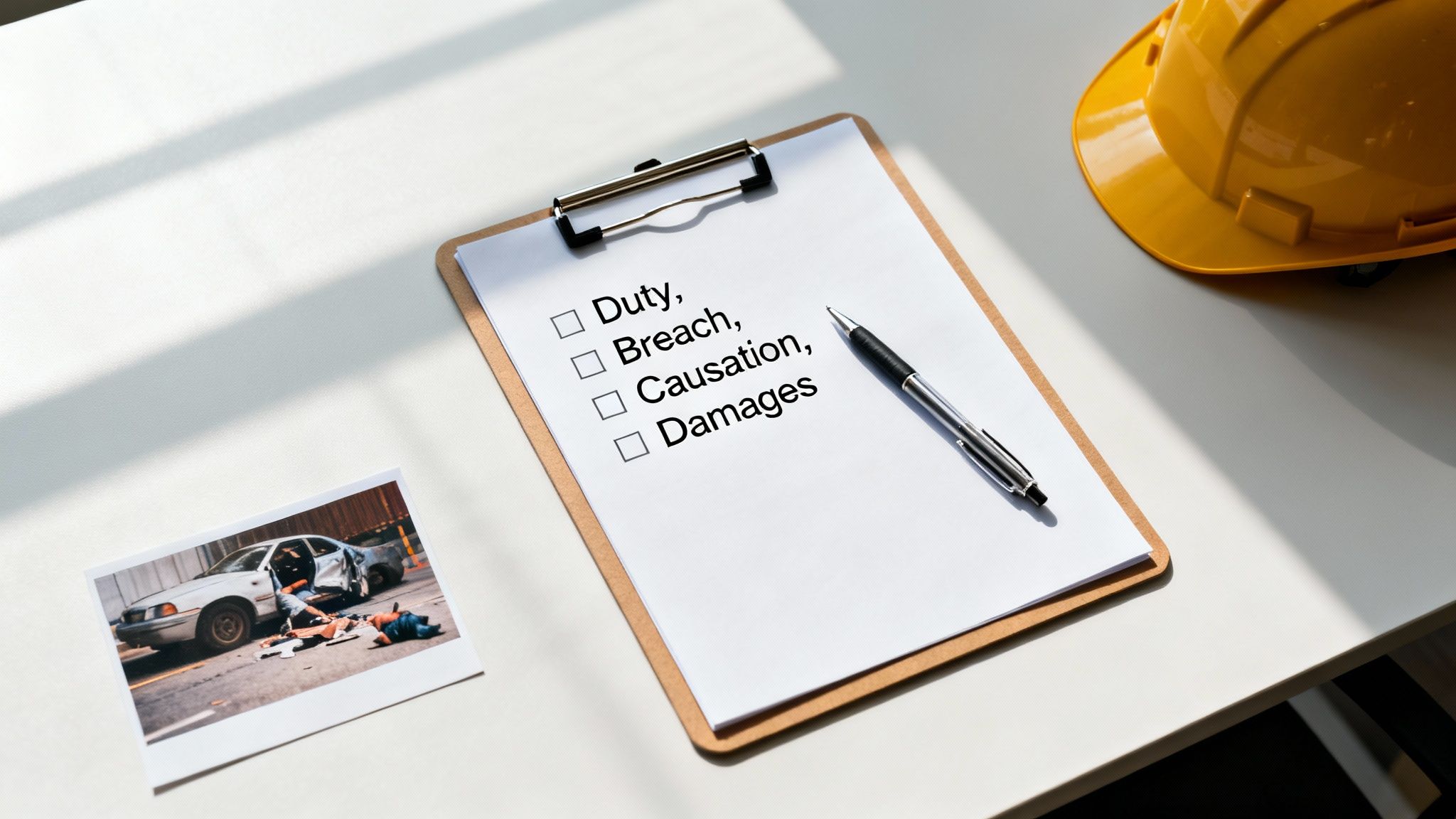 Clipboard with a legal checklist, pen, and a photo of a car accident scene.