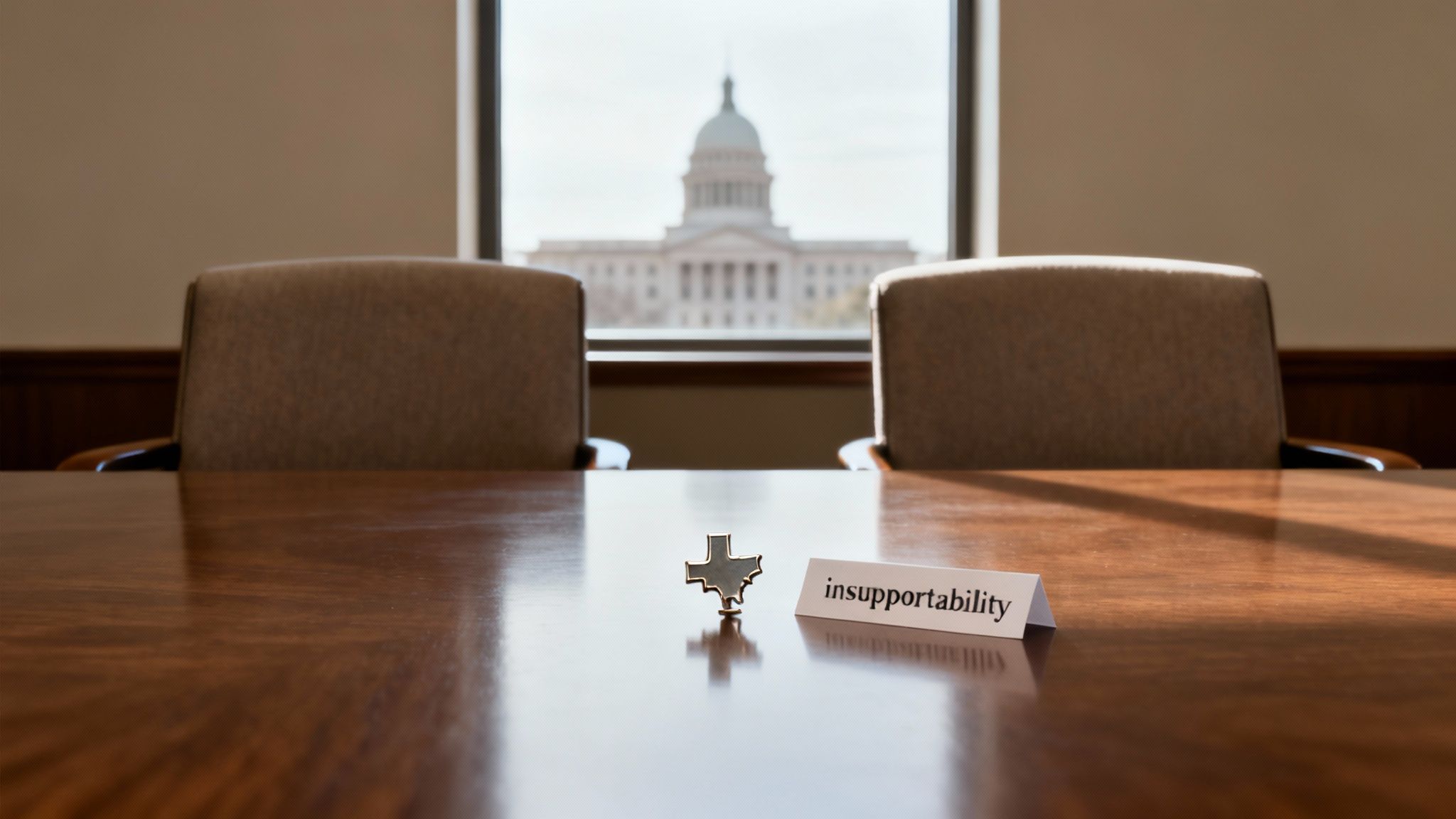 A Texas-shaped pin and 'insupportability' card on a conference table, with the Capitol building visible.