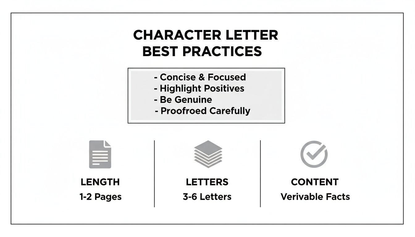 Infographic outlining character letter best practices including length, number of letters, and content.