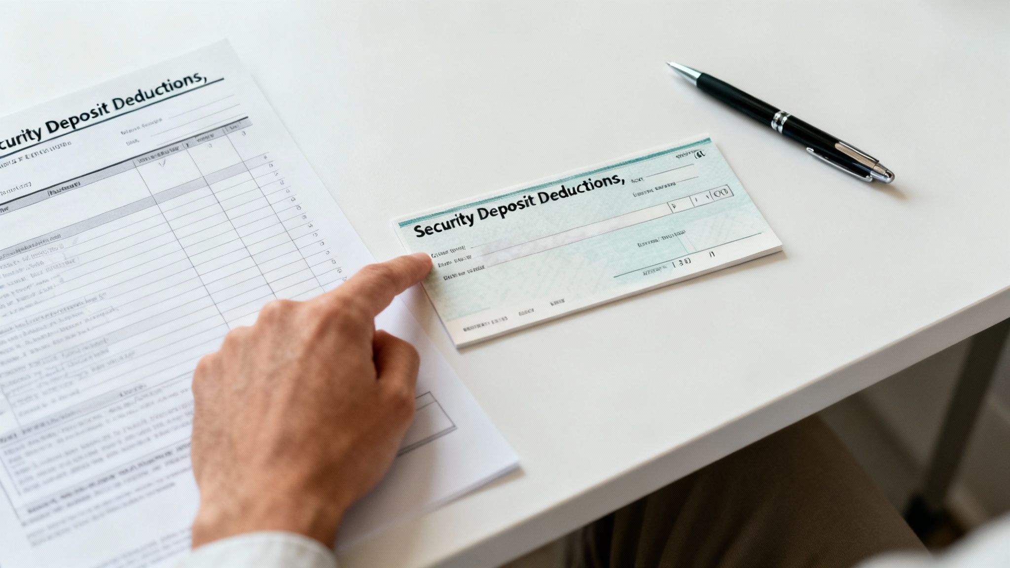 Hand pointing at a check labeled "Security Deposit Deductions" alongside an itemized list of deductions, emphasizing tenant rights and financial accountability.