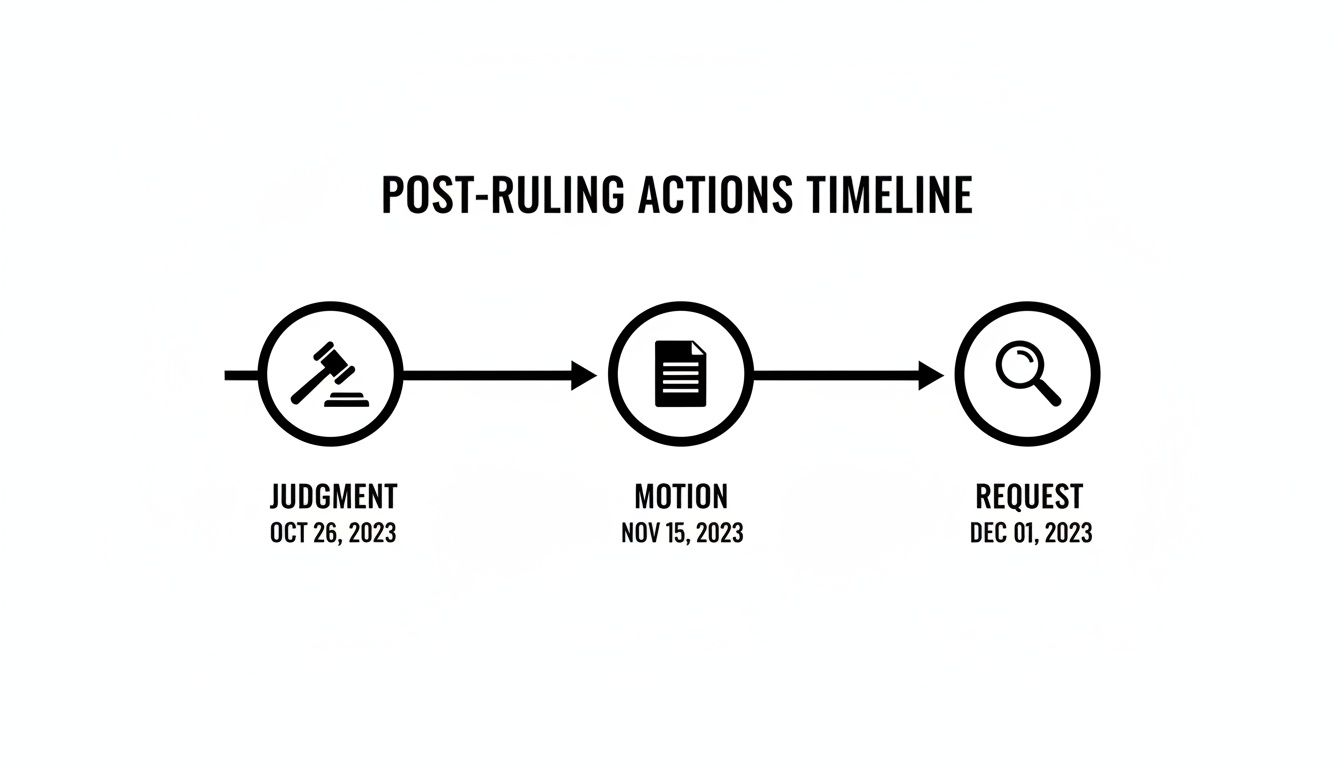 Timeline graphic illustrating post-ruling legal actions: Judgment, Motion, and Request with dates.