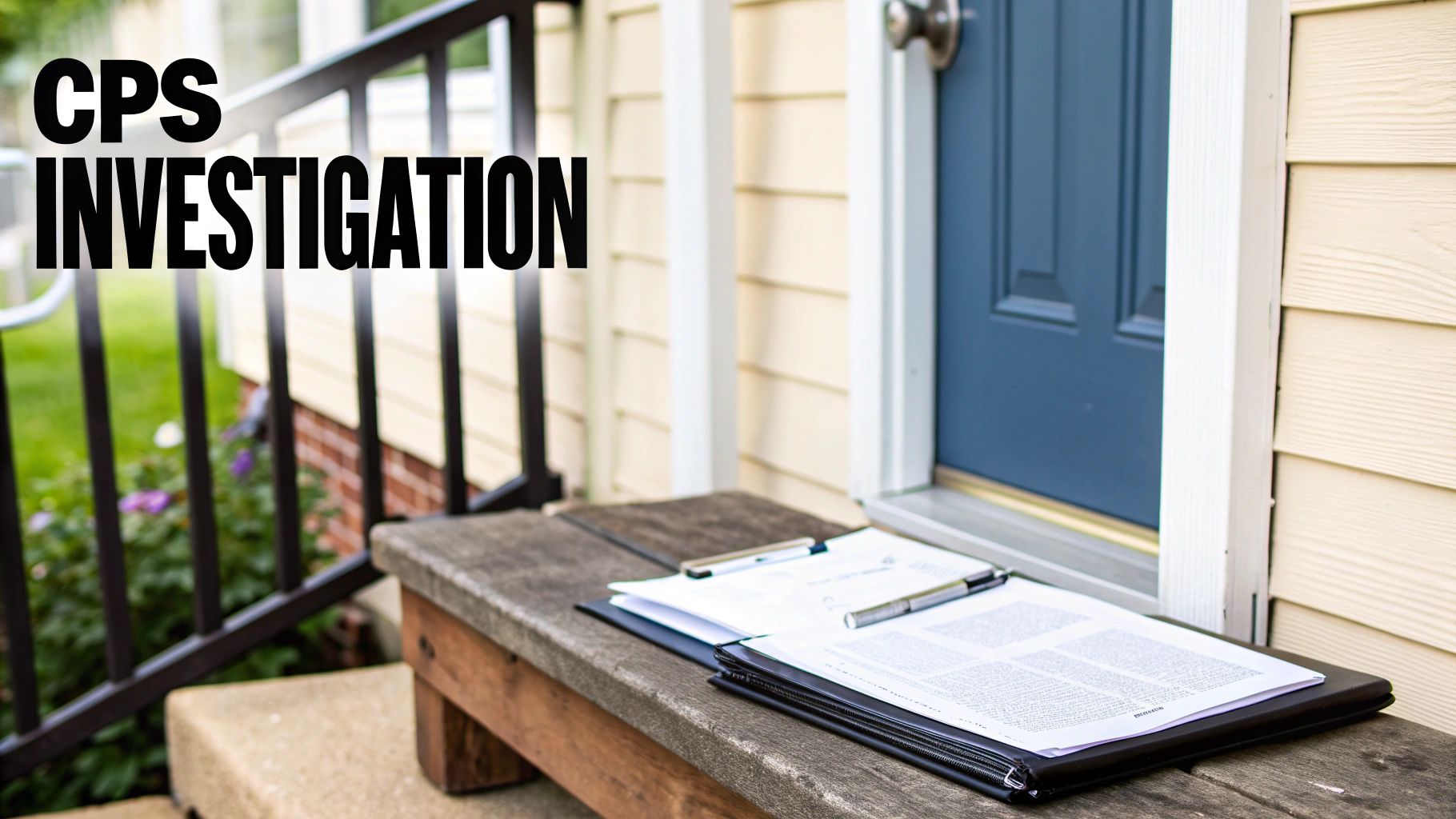Papers and pens on a porch step of a house with a blue door, depicting a CPS investigation.