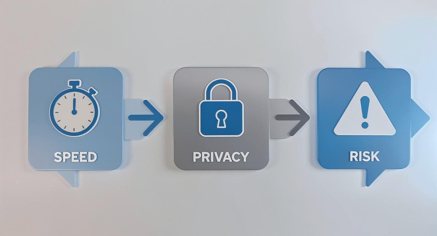 Infographic illustrating the trade-offs of non-probate assets in estate planning, featuring icons for speed, privacy, and risk.