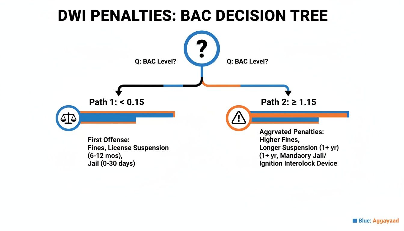 A decision tree diagram illustrating DWI penalties based on BAC levels, showing two paths for different levels.
