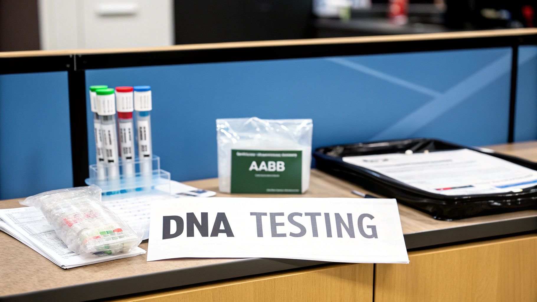 Various DNA testing supplies, including sample tubes and documents, are arranged on a light wood desk with a 'DNA TESTING' sign.
