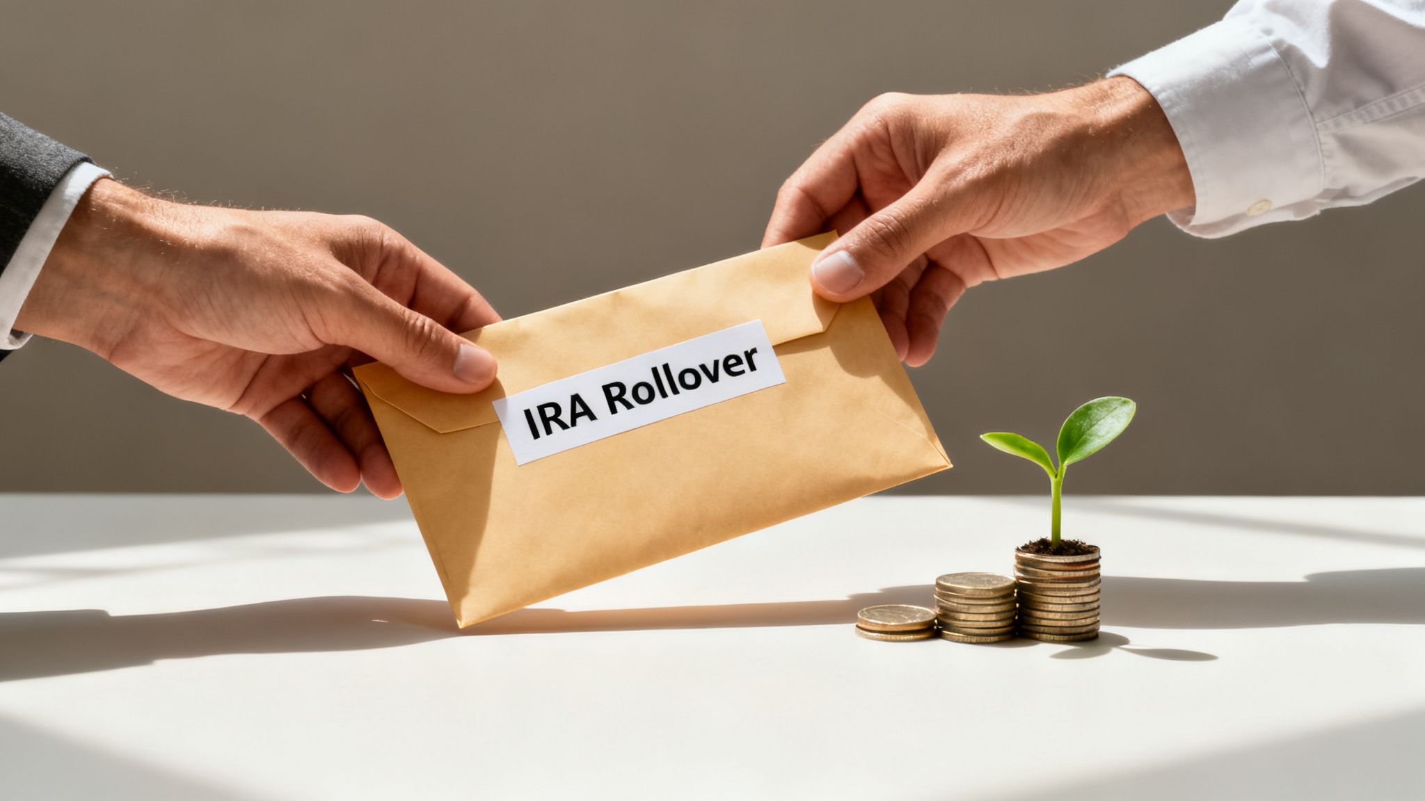 Two hands exchange an IRA Rollover envelope on a table with stacked coins and a growing plant.