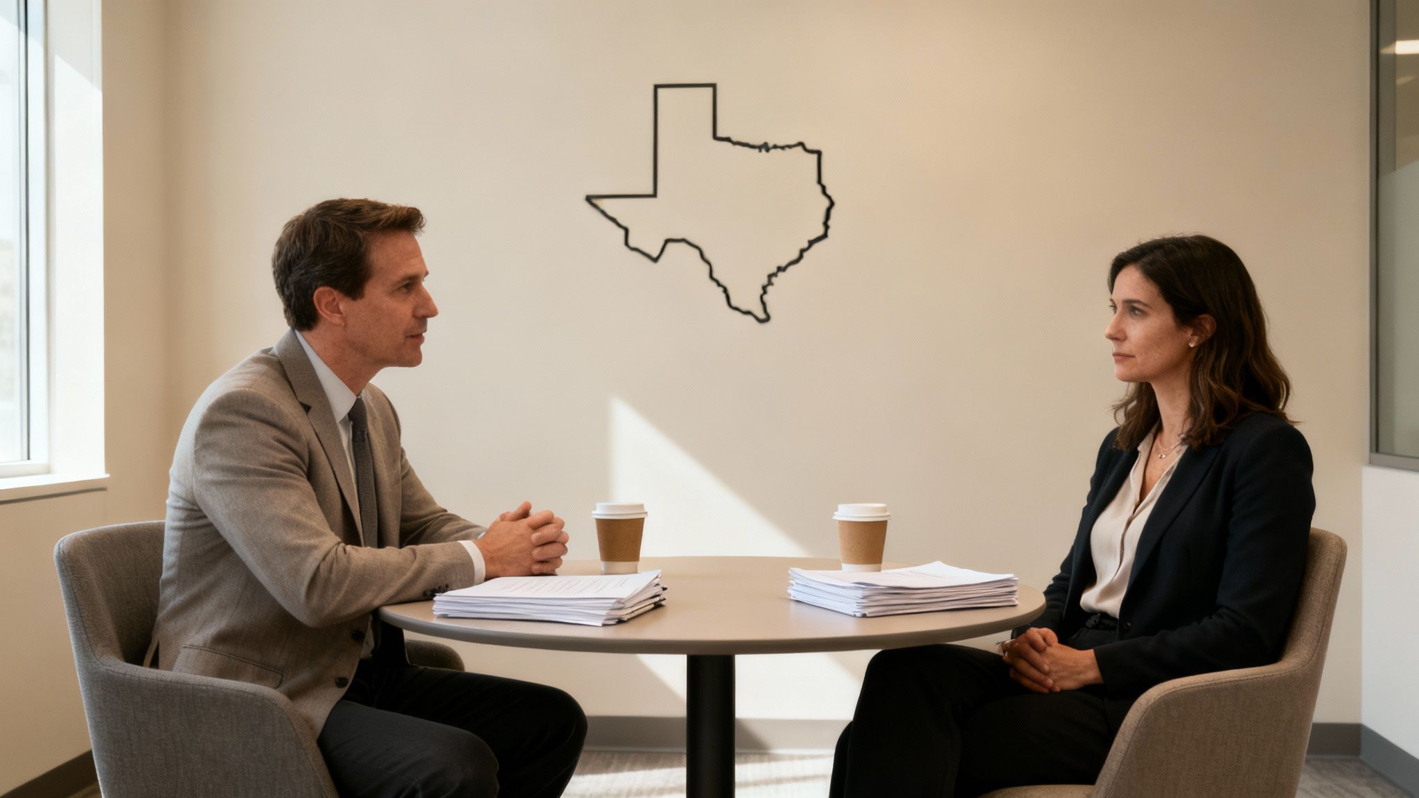 A man and woman sit at a table with papers and coffee, having a discussion in a room with a Texas map.