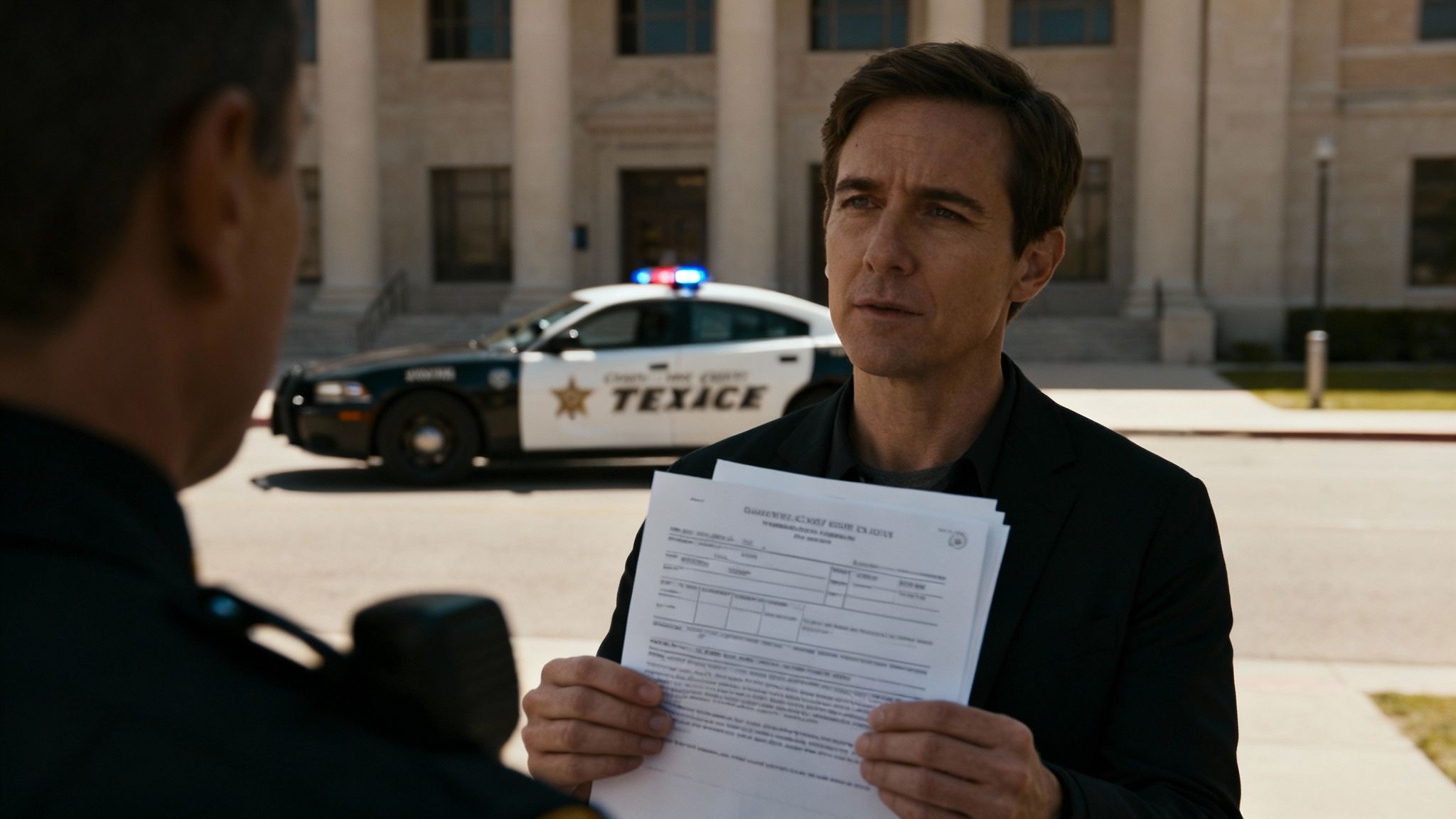 Man holding legal documents in front of police car outside courthouse, emphasizing legal consequences of DWI in Texas.