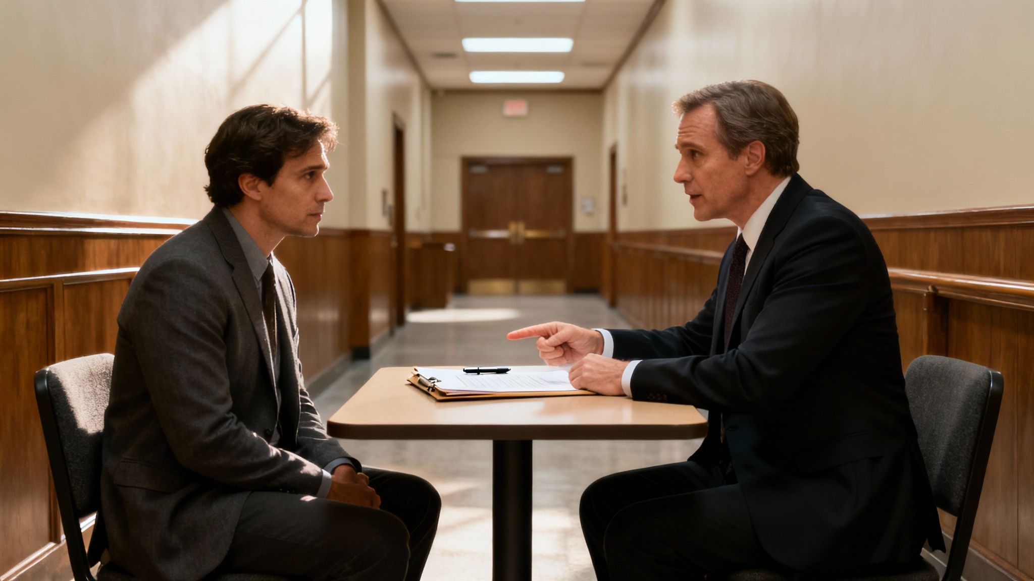 Two men in a courtroom discussing legal strategies, one in a suit pointing at a document on the table, emphasizing plea bargaining options for misdemeanor charges.