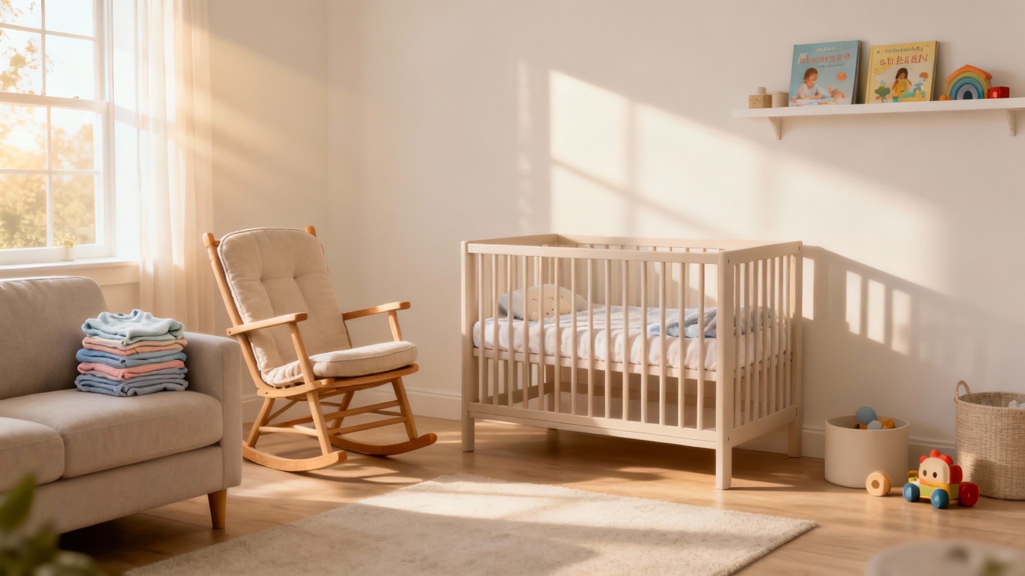 Cozy nursery setting with a wooden crib, rocking chair, neatly stacked blankets, children's books on a shelf, and colorful toys, symbolizing a nurturing environment for prospective adoptive families.