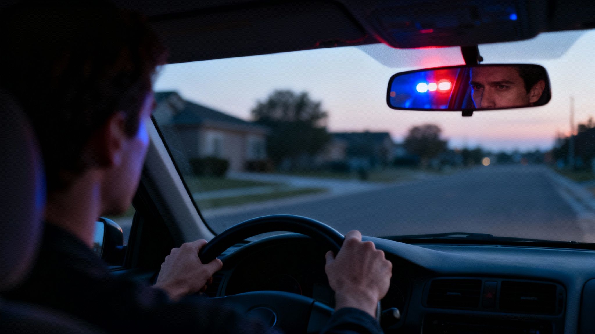 Driver gripping steering wheel, looking anxiously at police lights reflected in rearview mirror, illustrating the stress of a traffic stop and potential evading arrest charge.