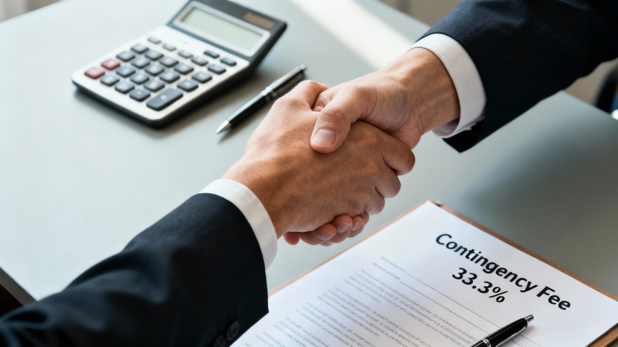 Two business professionals shaking hands over contingency fee agreement document showing 33.3% percentage