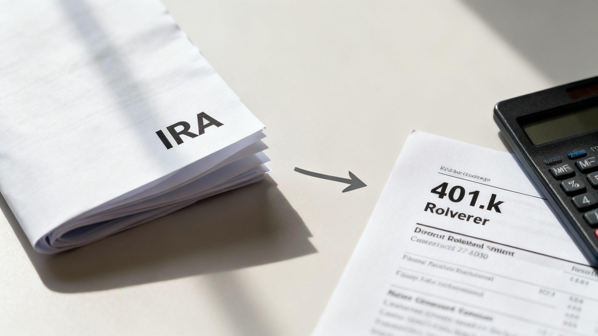 Documents labeled IRA and 401.k with an arrow, symbolizing retirement account rollover.