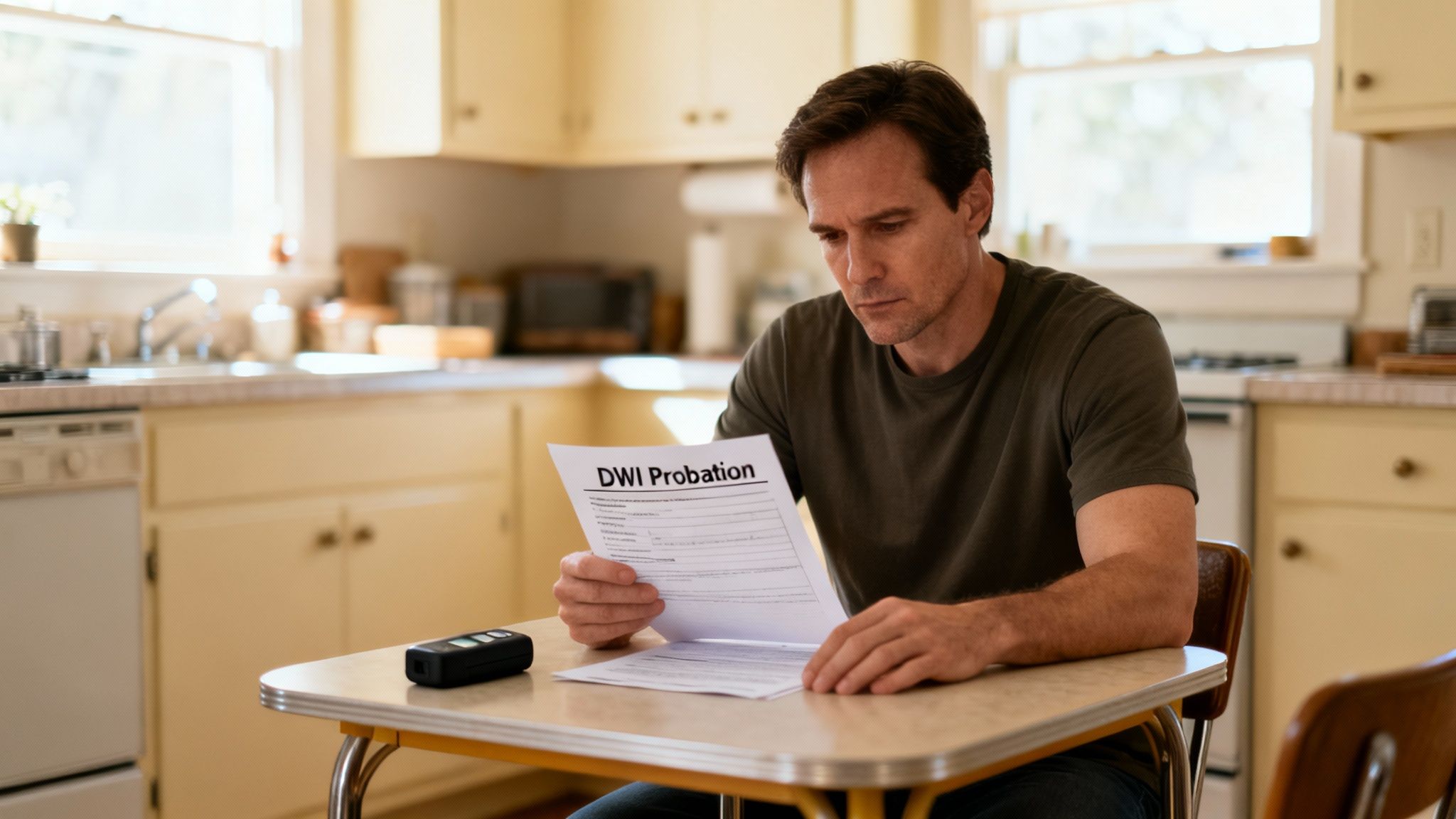 Man reads DWI probation document at kitchen table with alcohol monitoring device nearby.
