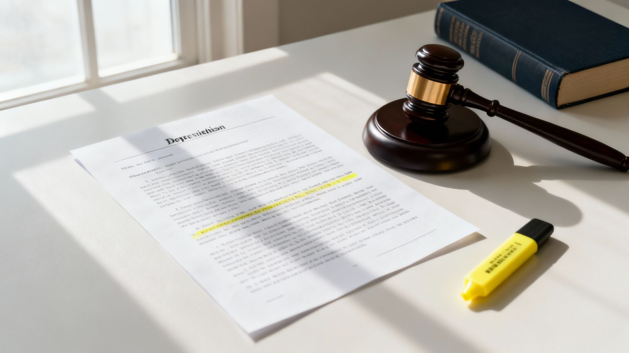 A legal document titled 'Deposition' with highlighted text, a gavel, law book, and highlighter on a desk.