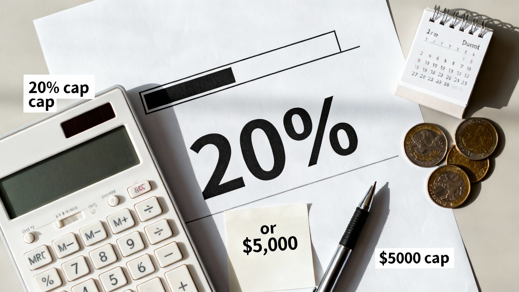 A calculator, paper with '20%', a sticky note 'or $5,000', and coins illustrate financial caps.